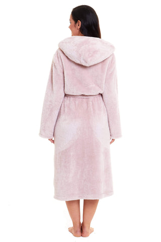 OLIVIA ROCCO Women's Pink Snuggle Fleece Hooded Robe Velvet Touch Dressing Gown Ultra Soft Loungewear For Home UK Sizes 8 To 22