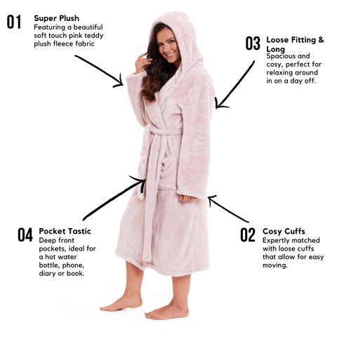 OLIVIA ROCCO Women's Pink Snuggle Fleece Hooded Robe Velvet Touch Dressing Gown Ultra Soft Loungewear For Home UK Sizes 8 To 22