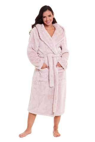 OLIVIA ROCCO Women's Pink Snuggle Fleece Hooded Robe Velvet Touch Dressing Gown Ultra Soft Loungewear For Home UK Sizes 8 To 22