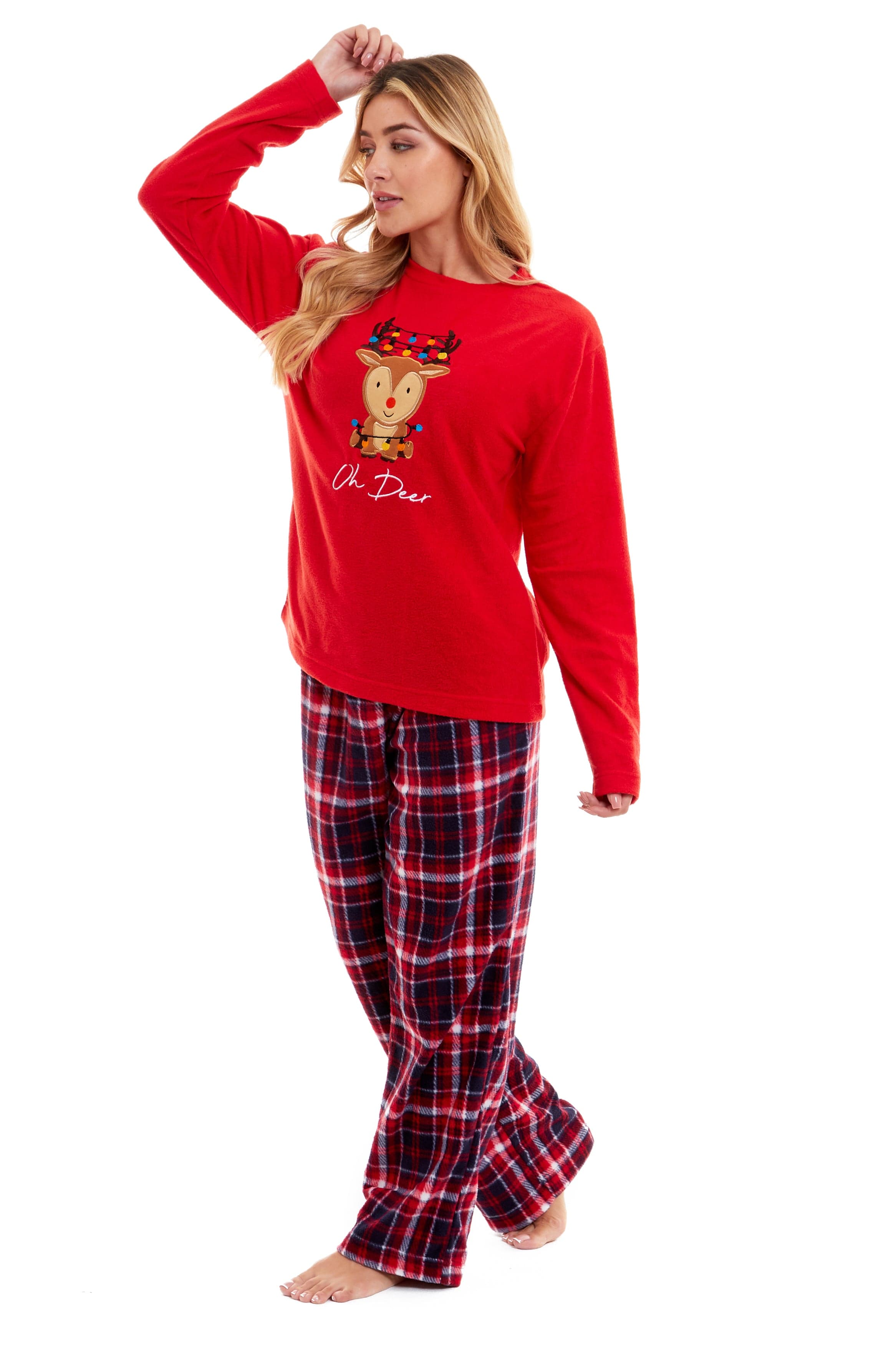 OLIVIA ROCCO Women's Polar Fleece Pyjama Set Festive Reindeer Pattern UltraSoft Winter Nightwear Loungewear Gift Idea For Christmas