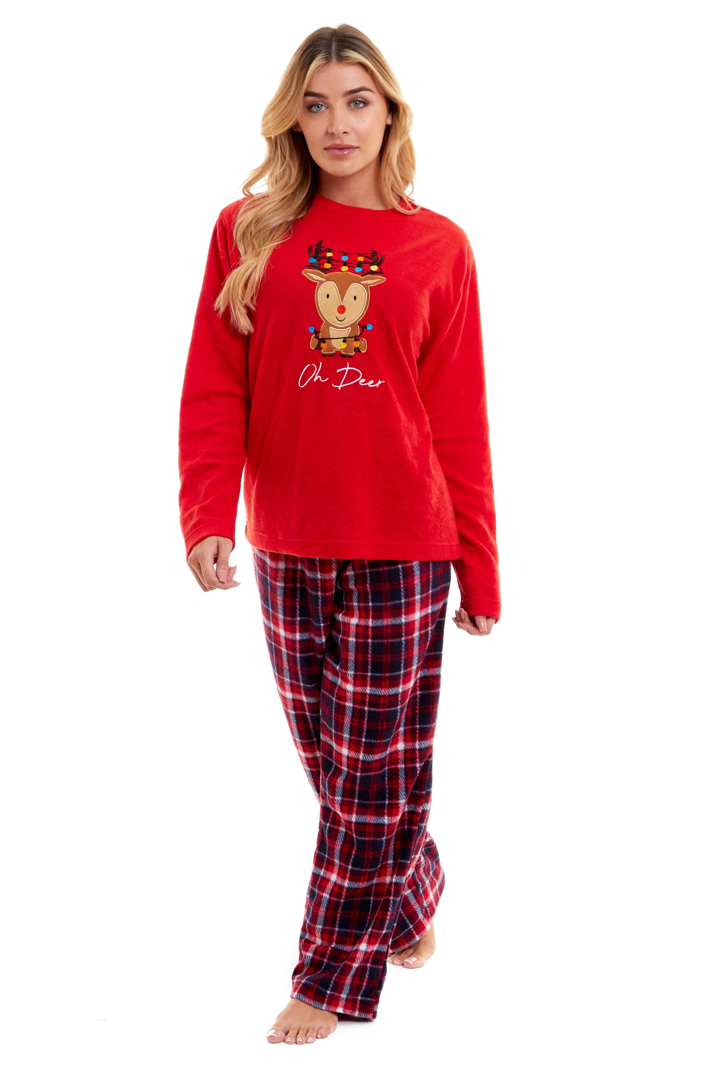 OLIVIA ROCCO Women's Polar Fleece Pyjama Set Festive Reindeer Pattern UltraSoft Winter Nightwear Loungewear Gift Idea For Christmas