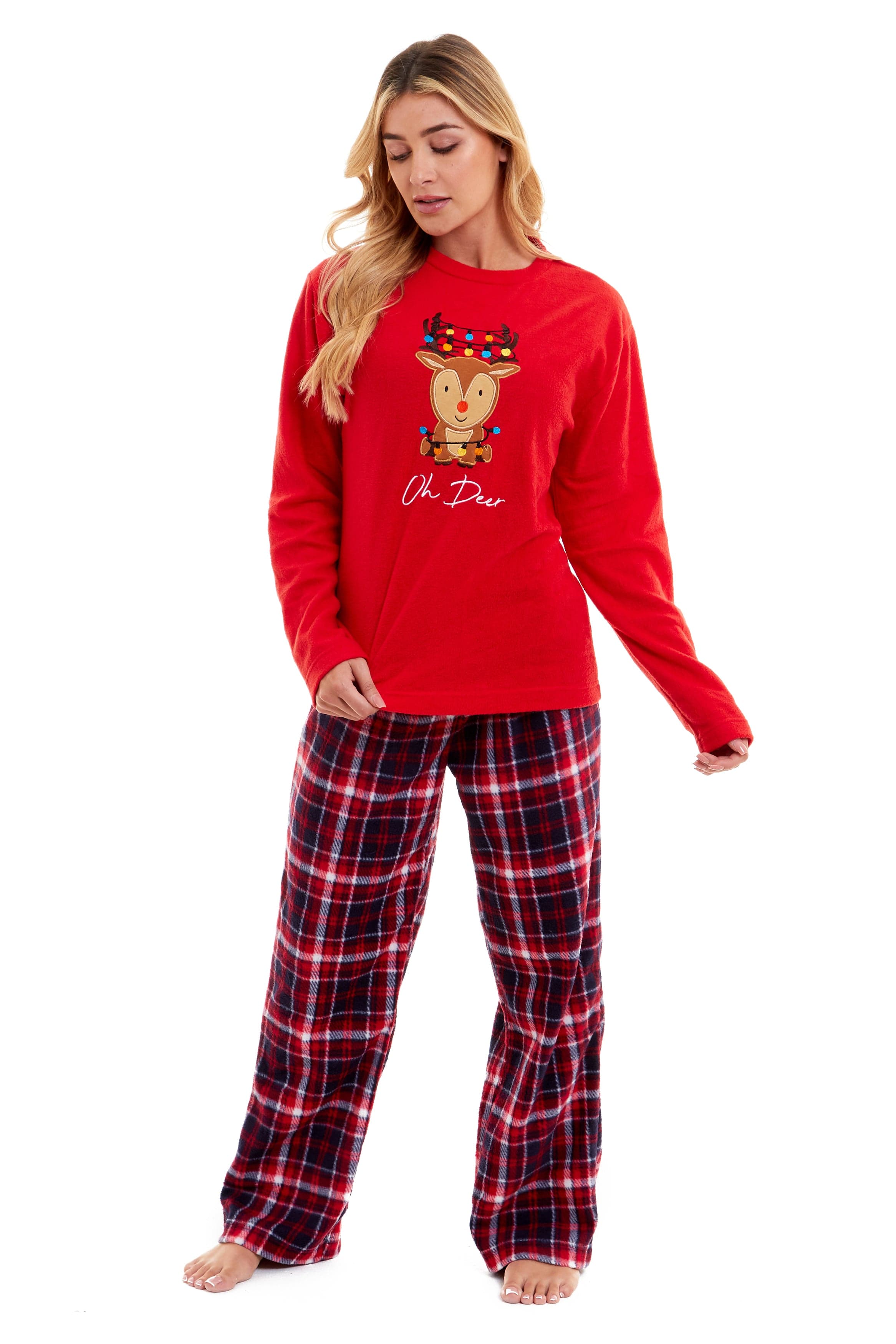 OLIVIA ROCCO Women's Polar Fleece Pyjama Set Festive Reindeer Pattern UltraSoft Winter Nightwear Loungewear Gift Idea For Christmas