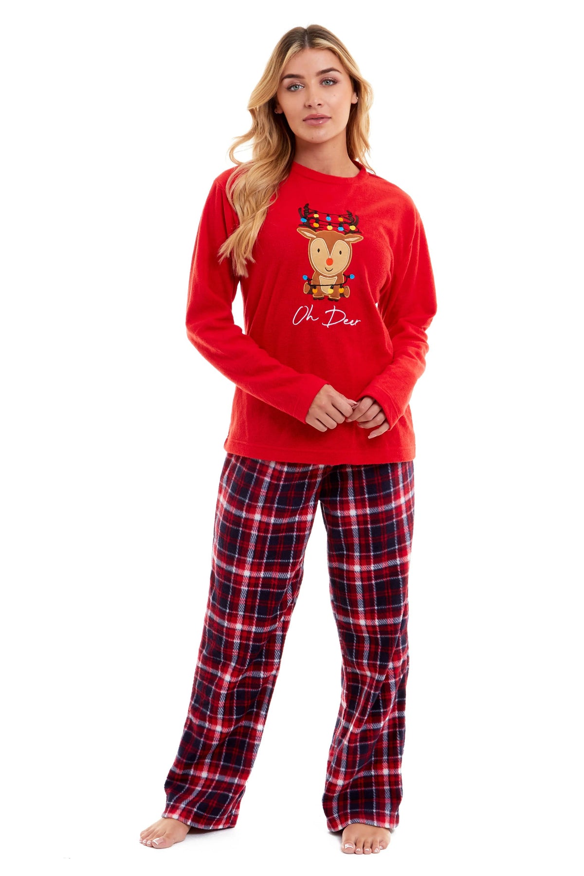 OLIVIA ROCCO Women's Polar Fleece Pyjama Set Festive Reindeer Pattern UltraSoft Winter Nightwear Loungewear Gift Idea For Christmas