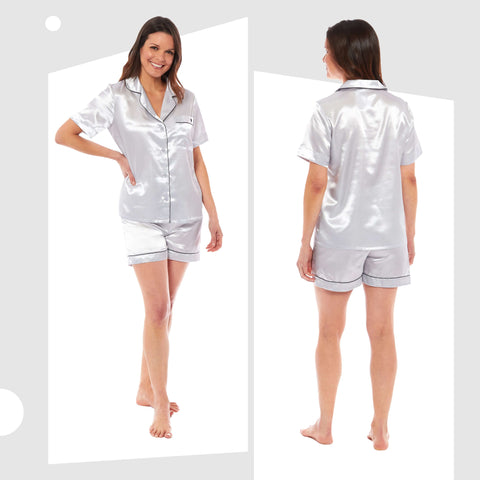 OLIVIA ROCCO Satin Silk Short Pyjama Set For Women Black Pink Grey UK 8 To 22 Loungewear Nightwear Soft Satin Finish Breathable Lightweight