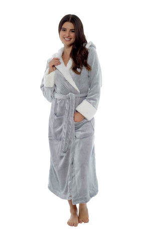 OLIVIA ROCCO Shimmer Fleece Hooded Bath Robe Grey For Women Luxurious Soft Plush Dressing Gown Multiple Sizes Available Now