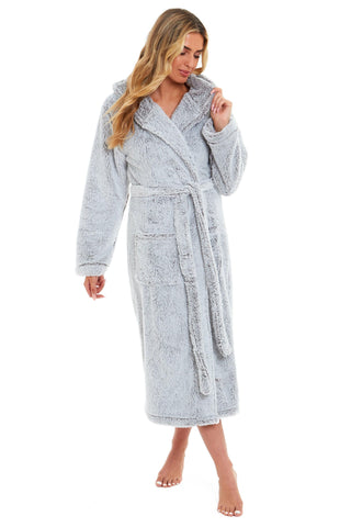 OLIVIA ROCCO Women's Shimmer Grey Snuggle Velvet Touch Fleece Hooded Robe Dressing Gown Ultra Soft Loungewear UK Size 8-22