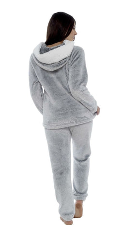 OLIVIA ROCCO Women Shimmer Grey Plush Fleece Hooded Pyjama Set With Sherpa Trim Cozy Ultra Soft Nightwear Loungewear Gift For Women