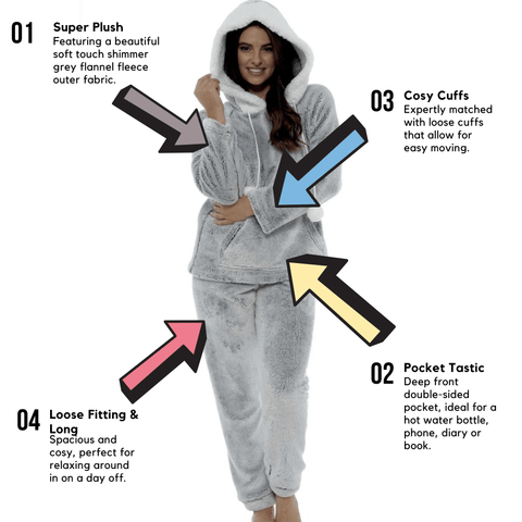 OLIVIA ROCCO Women Shimmer Grey Plush Fleece Hooded Pyjama Set With Sherpa Trim Cozy Ultra Soft Nightwear Loungewear Gift For Women