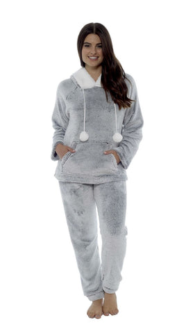 OLIVIA ROCCO Women Shimmer Grey Plush Fleece Hooded Pyjama Set With Sherpa Trim Cozy Ultra Soft Nightwear Loungewear Gift For Women
