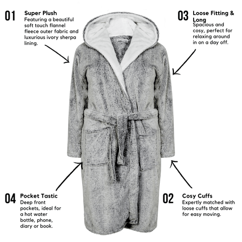 OLIVIA ROCCO Women's Shimmer Grey Plush Fleece Hooded Robe With Ultra Soft Sherpa Lining For Luxurious Loungewear Dressing Gown