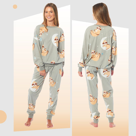OLIVIA ROCCO Women's Sloth Soft Fleece Pyjama Set Long Sleeve Animal Print Warm Sleepwear Loungewear For Ladies Cozy Comfort Fit