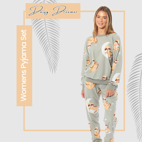 OLIVIA ROCCO Women's Sloth Soft Fleece Pyjama Set Long Sleeve Animal Print Warm Sleepwear Loungewear For Ladies Cozy Comfort Fit