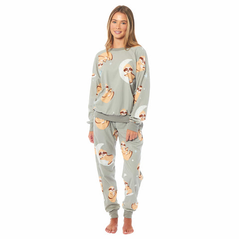 OLIVIA ROCCO Women's Sloth Soft Fleece Pyjama Set Long Sleeve Animal Print Warm Sleepwear Loungewear For Ladies Cozy Comfort Fit