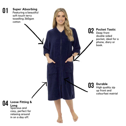 OLIVIA ROCCO Women's Terry Towelling Zip-Through Bathrobe 100% Cotton Ultra Absorbent Soft Fluffy Lounge Wear UK Sizes 8-22