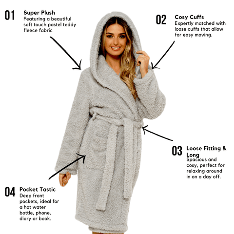 OLIVIA ROCCO Women's Teddy Fleece Hooded Robe Grey Sherpa Lined Ultra Soft Dressing Gown For Cozy Lounging And Warm Nightwear