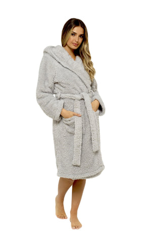 OLIVIA ROCCO Women's Teddy Fleece Hooded Robe Grey Sherpa Lined Ultra Soft Dressing Gown For Cozy Lounging And Warm Nightwear