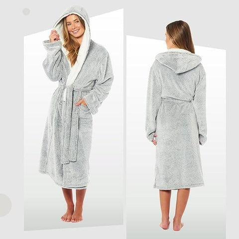 OLIVIA ROCCO Womens Shimmer Fleece Hooded Bath Robe Soft Plush Luxury Dressing Gown Grey Multiple Sizes Cozy Lounge And Sleepwear
