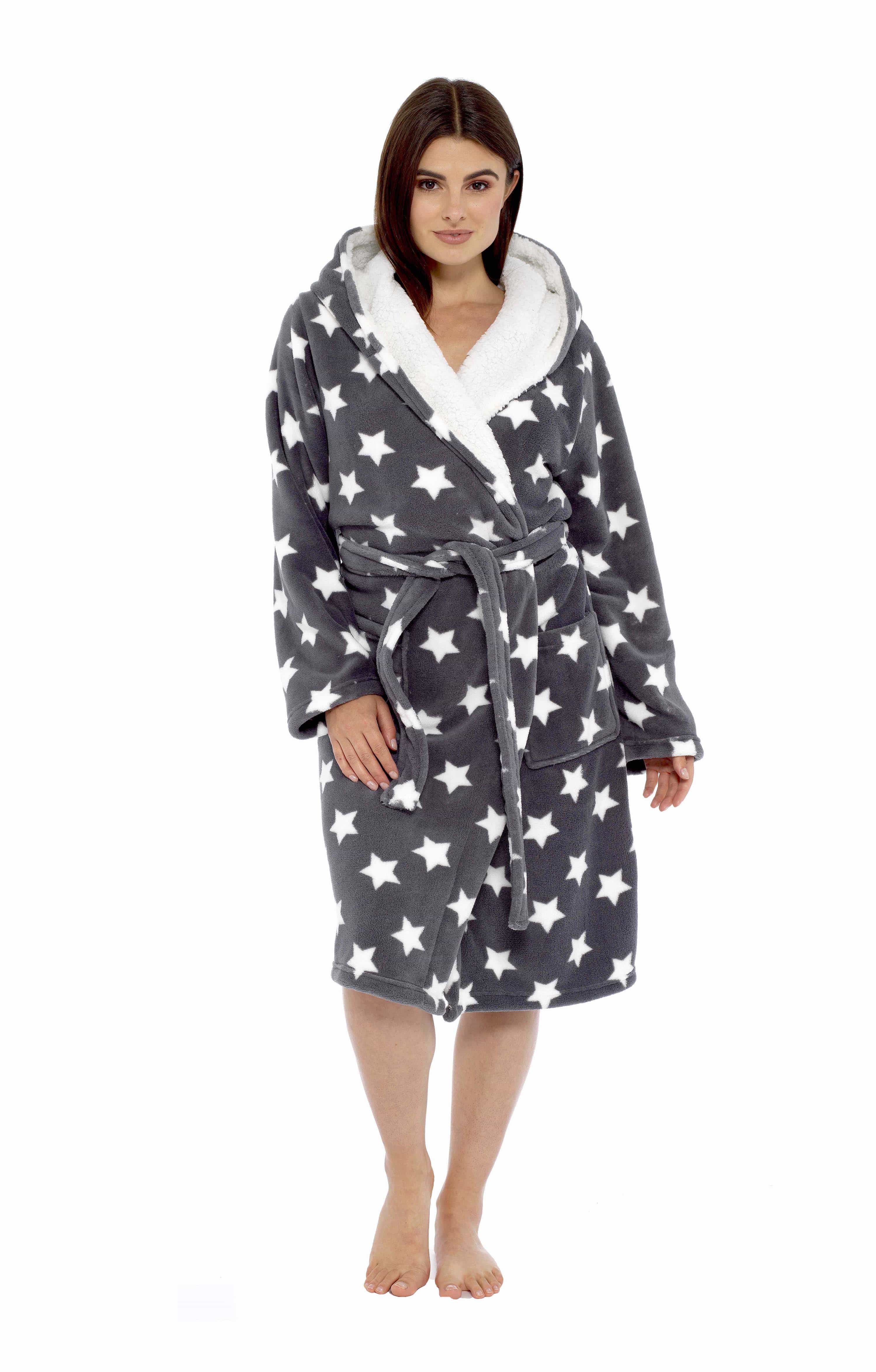 OLIVIA ROCCO Hooded Plush Fleece Robe Star Grey With Ultra Soft Sherpa Fur Lining And Star Pattern Women One Size Cozy Comfort