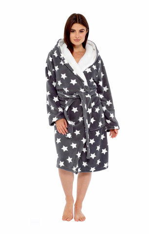 OLIVIA ROCCO Hooded Plush Fleece Robe Star Grey With Ultra Soft Sherpa Fur Lining And Star Pattern Women One Size Cozy Comfort