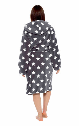 OLIVIA ROCCO Hooded Plush Fleece Robe Star Grey With Ultra Soft Sherpa Fur Lining And Star Pattern Women One Size Cozy Comfort