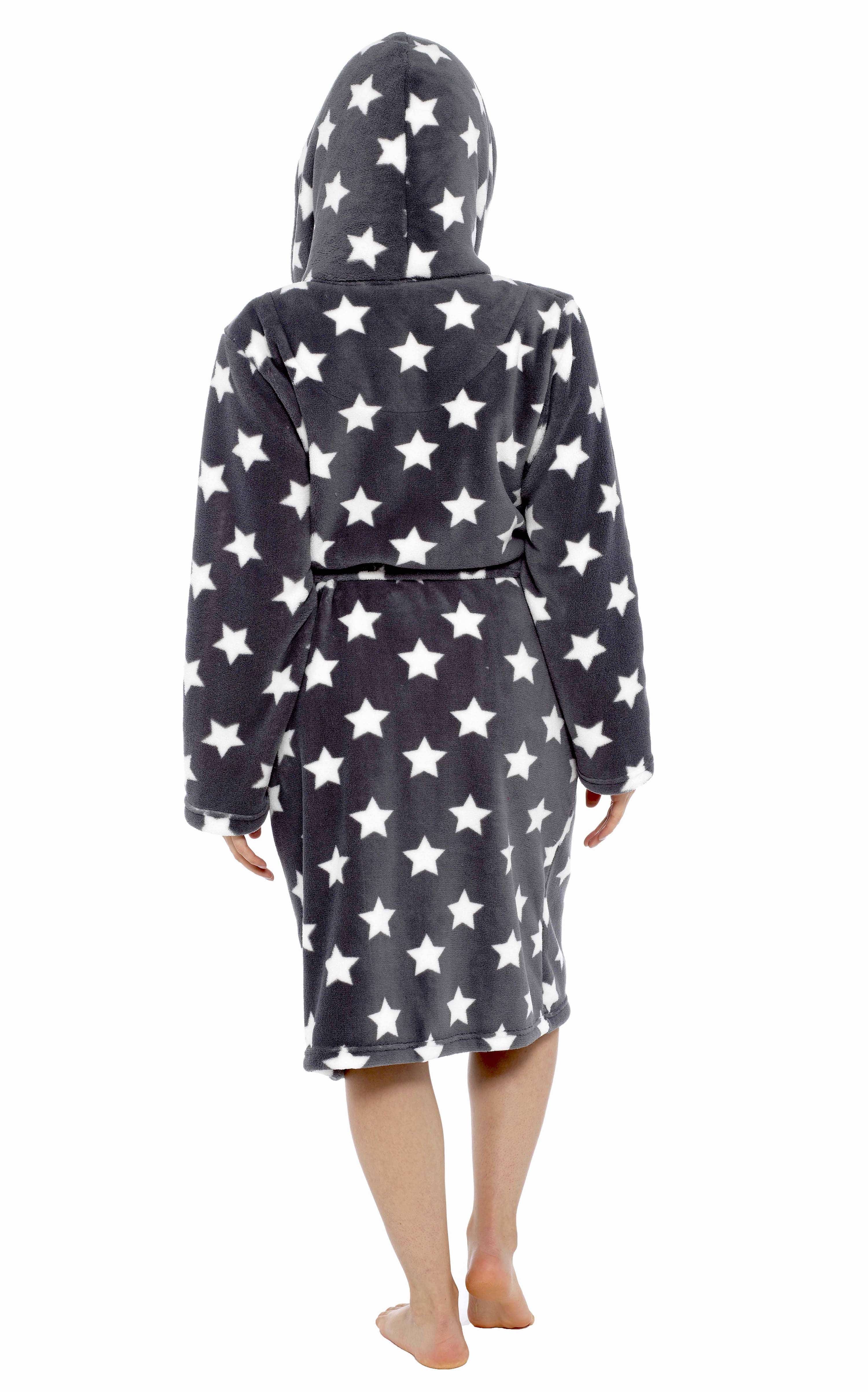 OLIVIA ROCCO Hooded Plush Fleece Robe Star Grey With Ultra Soft Sherpa Fur Lining And Star Pattern Women One Size Cozy Comfort