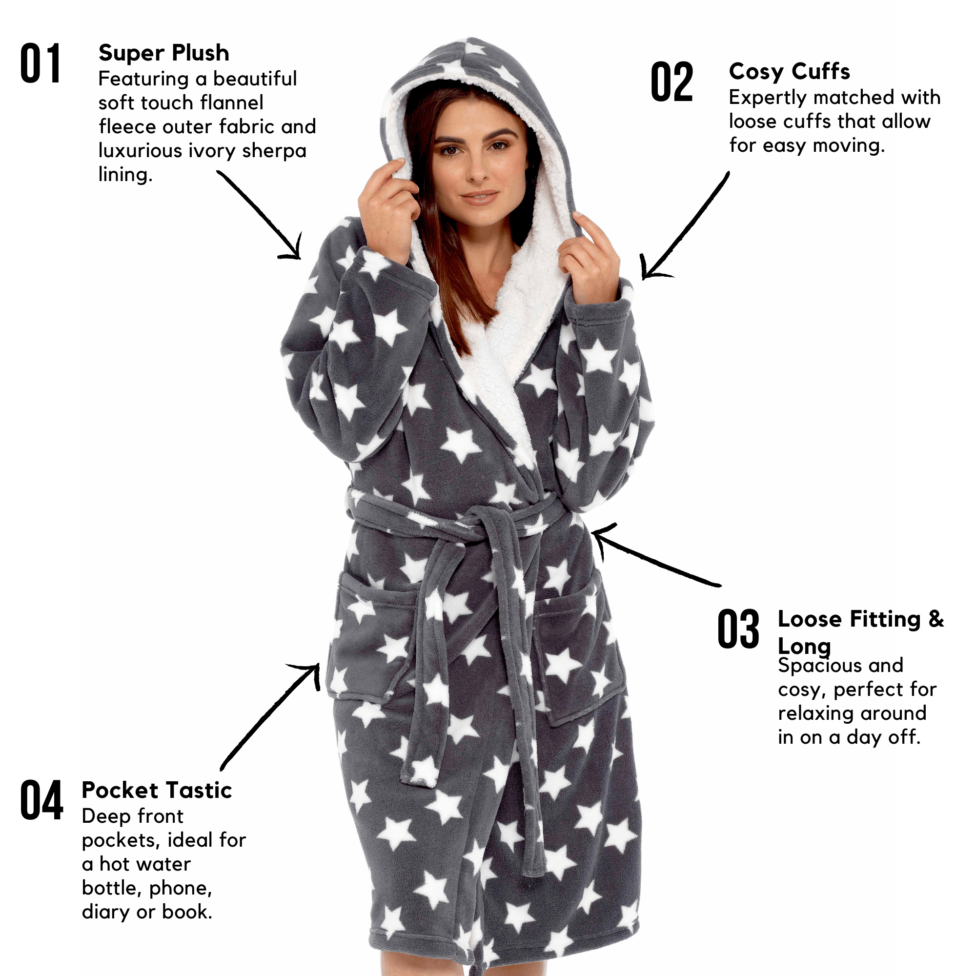 OLIVIA ROCCO Hooded Plush Fleece Robe Star Grey With Ultra Soft Sherpa Fur Lining And Star Pattern Women One Size Cozy Comfort