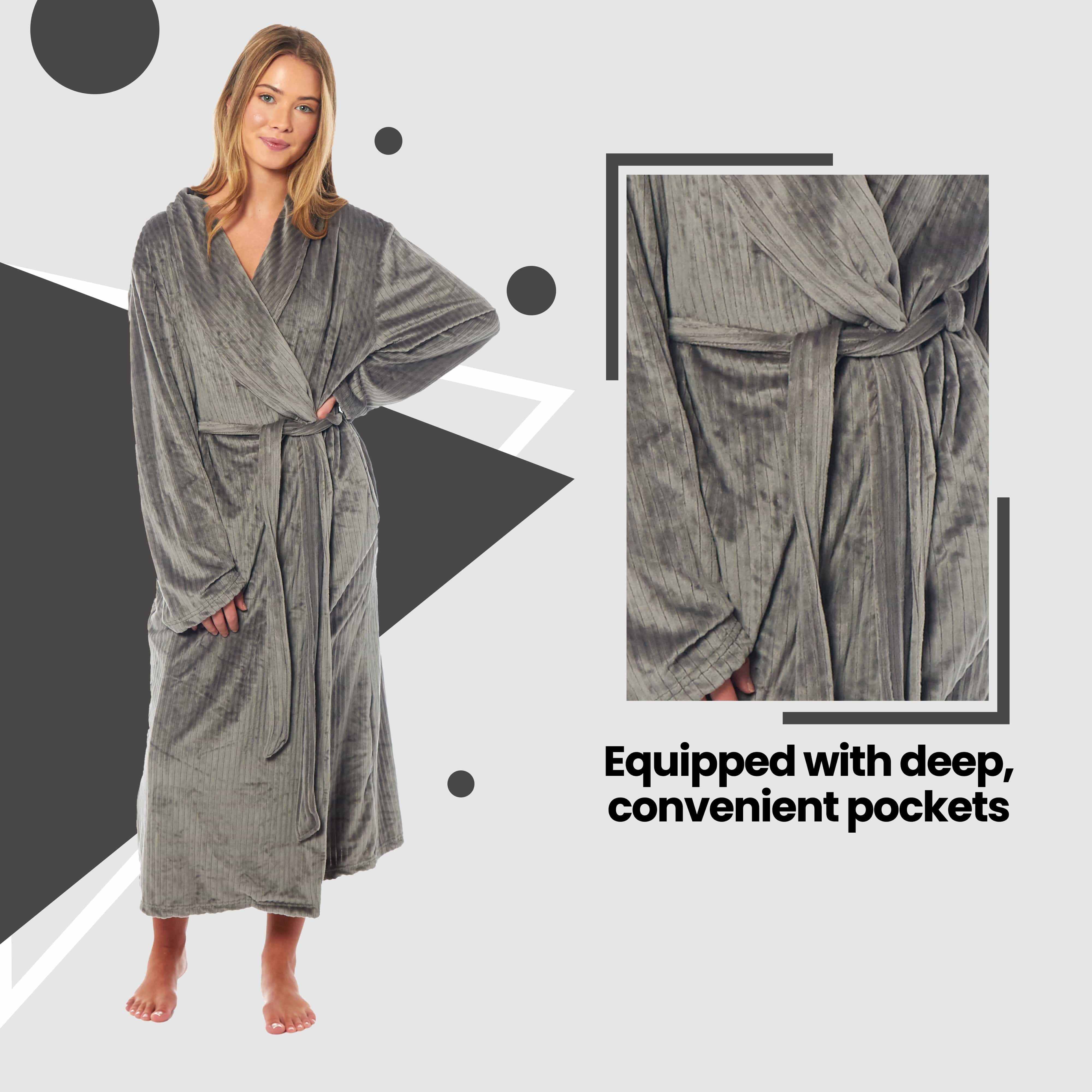 OLIVIA ROCCO Womens Stripe Jacquard Soft Warm Long Dressing Gown With Belt Pockets Shawl Collar Loungewear Robe Daisy Dreamer