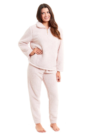 OLIVIA ROCCO Women's Teddy Fleece Lounge Set Zip Up Pyjama with Elasticated Waistband Cozy Fluffy Nightwear Relaxed Fit Design For Home