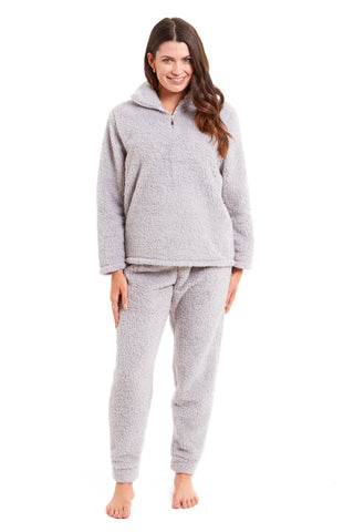 OLIVIA ROCCO Women's Teddy Fleece Lounge Set Zip Up Pyjama with Elasticated Waistband Cozy Fluffy Nightwear Relaxed Fit Design For Home