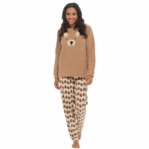 OLIVIA ROCCO Women's Teddy Bear Fleece Pyjama Set With Long Sleeve Top And Elasticated Patterned Bottoms Ultra Soft Cozy Nightwear