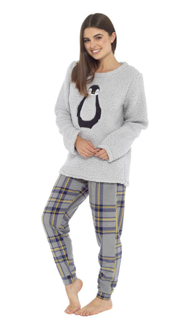 OLIVIA ROCCO Women's Teddy Fleece Pyjama Set Penguin Design Soft Cosy Nightwear with Contrasting Bottoms for Chilly Evenings and Lazy Weekends