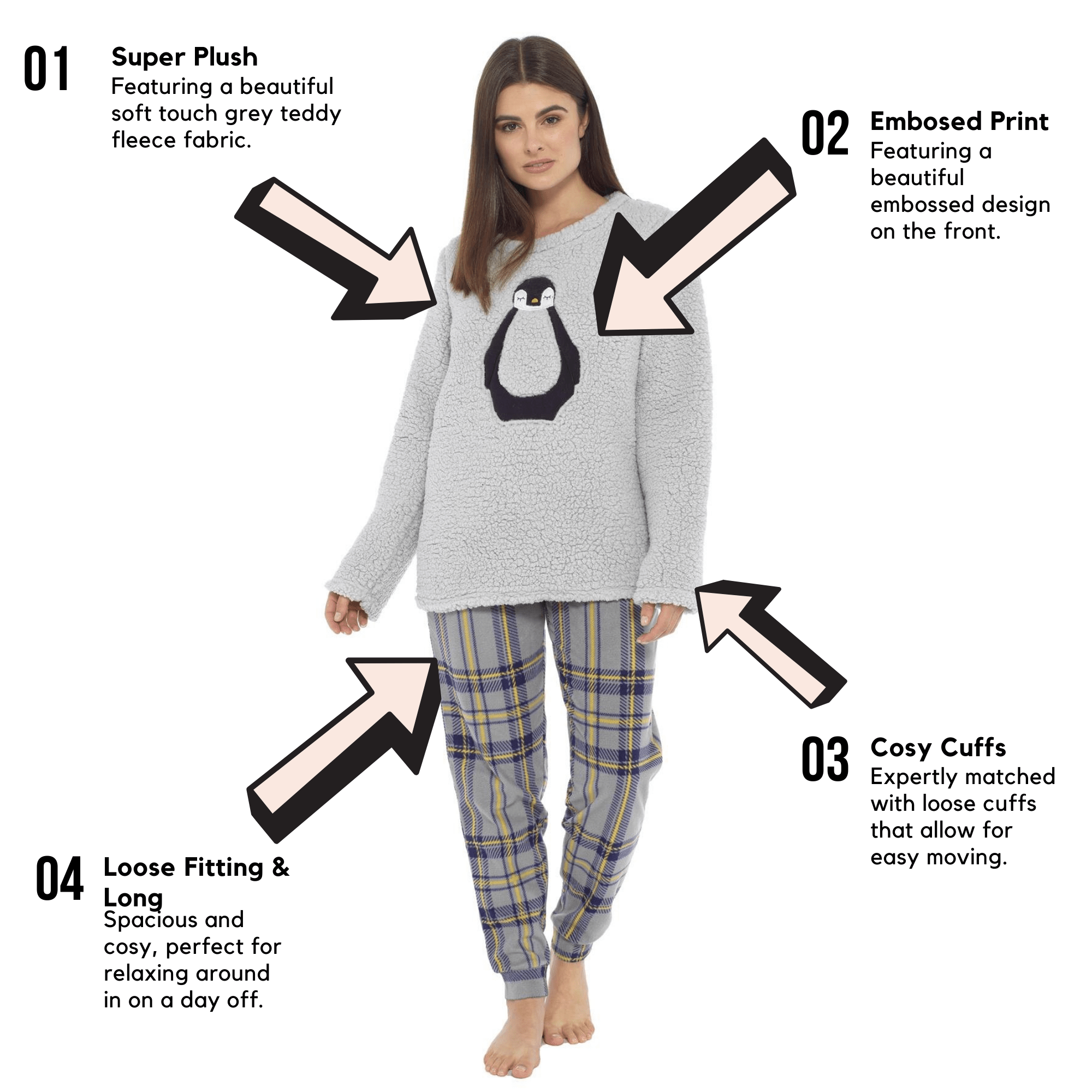 OLIVIA ROCCO Women's Teddy Fleece Pyjama Set Penguin Design Soft Cosy Nightwear with Contrasting Bottoms for Chilly Evenings and Lazy Weekends