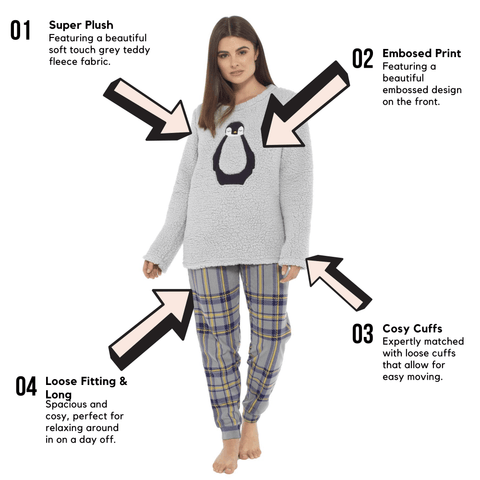 OLIVIA ROCCO Women's Teddy Fleece Pyjama Set Penguin Design Soft Cosy Nightwear with Contrasting Bottoms for Chilly Evenings and Lazy Weekends