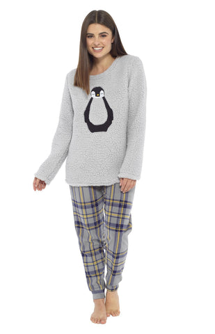 OLIVIA ROCCO Women's Teddy Fleece Pyjama Set Penguin Design Soft Cosy Nightwear with Contrasting Bottoms for Chilly Evenings and Lazy Weekends