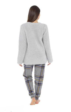 OLIVIA ROCCO Women's Teddy Fleece Pyjama Set Penguin Design Soft Cosy Nightwear with Contrasting Bottoms for Chilly Evenings and Lazy Weekends