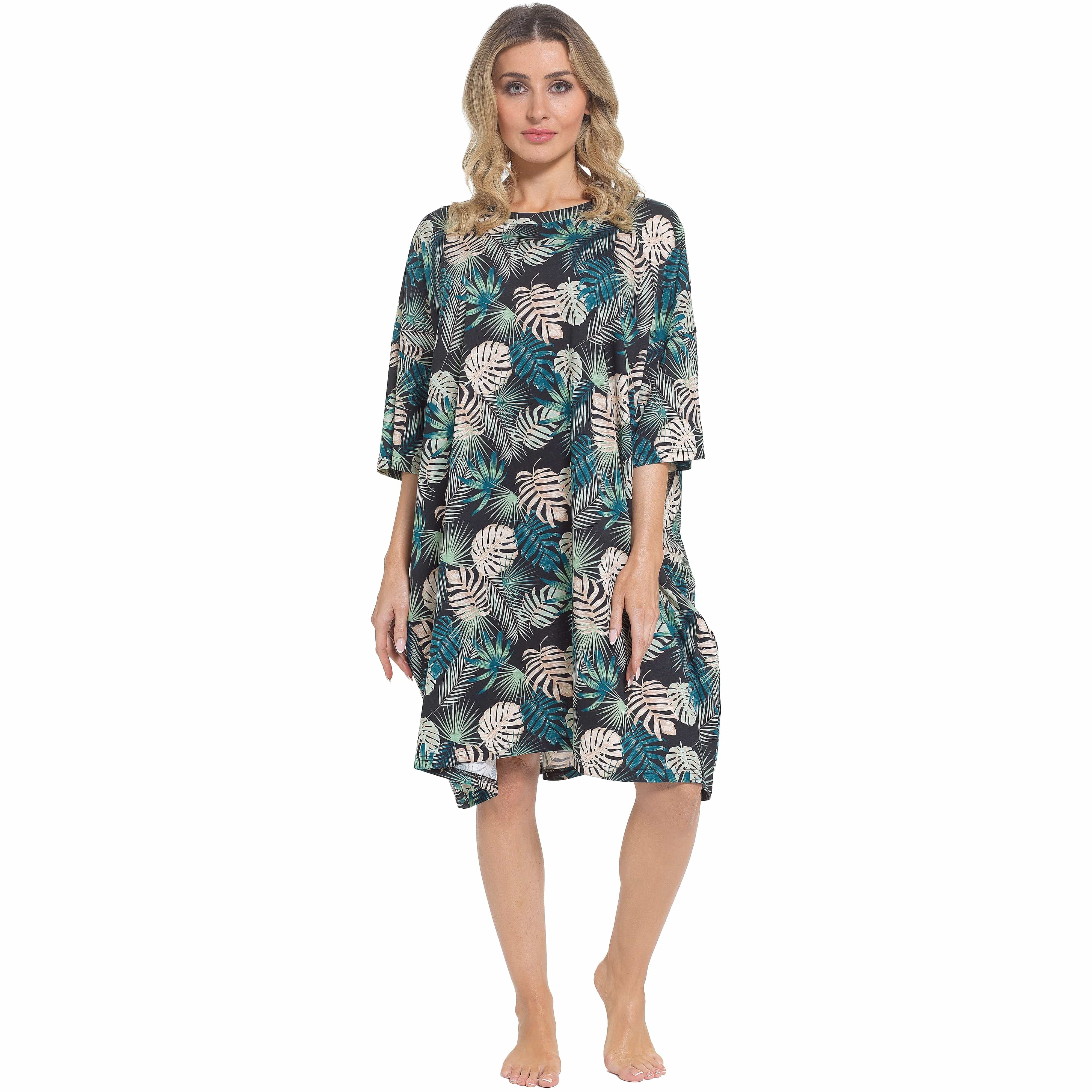 OLIVIA ROCCO Women's Tropical Baggy Nightdress 100% Cotton Oversized Short Sleeve Nightshirt Relaxed Fit Sleepwear for Ladies