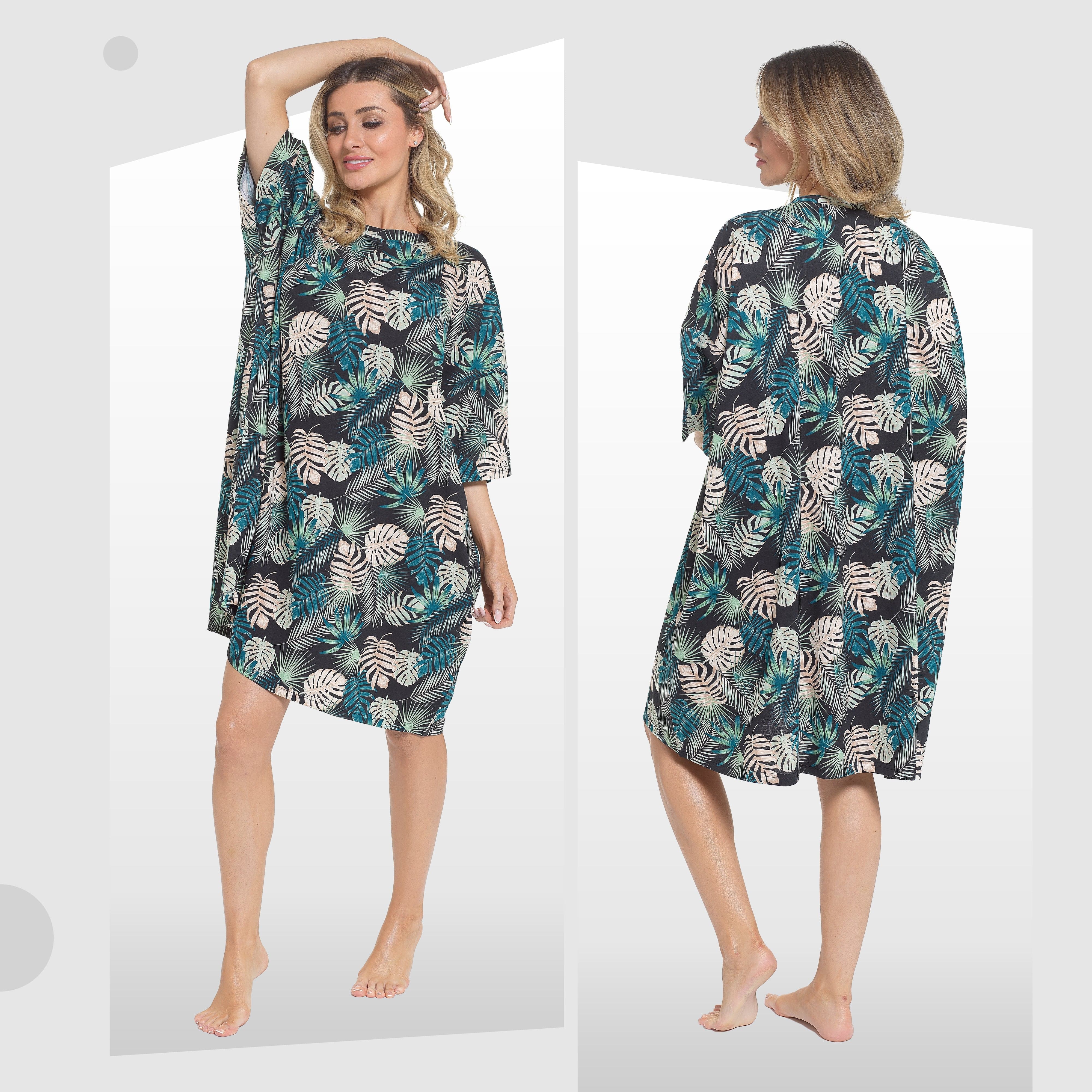 OLIVIA ROCCO Women's Tropical Baggy Nightdress 100% Cotton Oversized Short Sleeve Nightshirt Relaxed Fit Sleepwear for Ladies