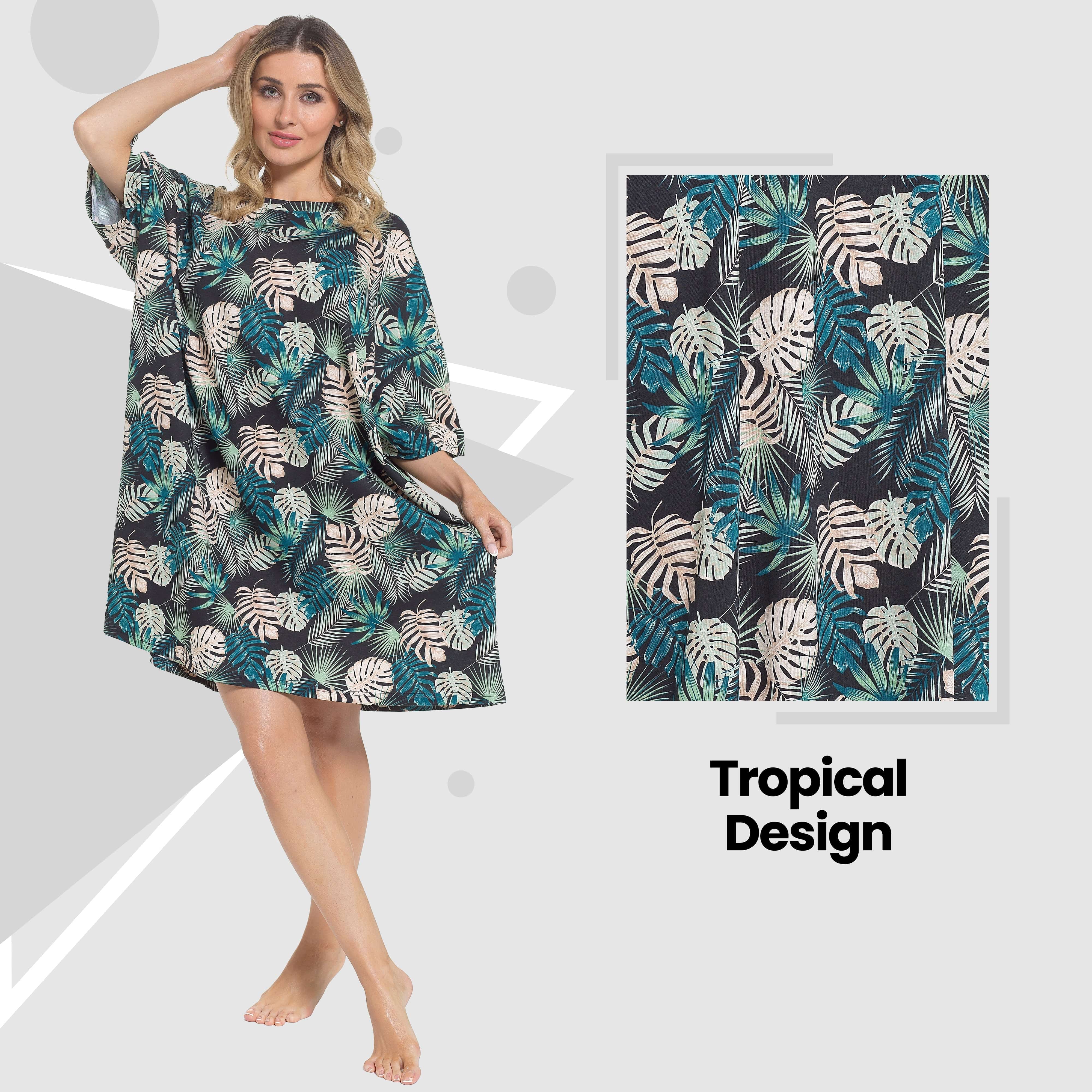 OLIVIA ROCCO Women's Tropical Baggy Nightdress 100% Cotton Oversized Short Sleeve Nightshirt Relaxed Fit Sleepwear for Ladies