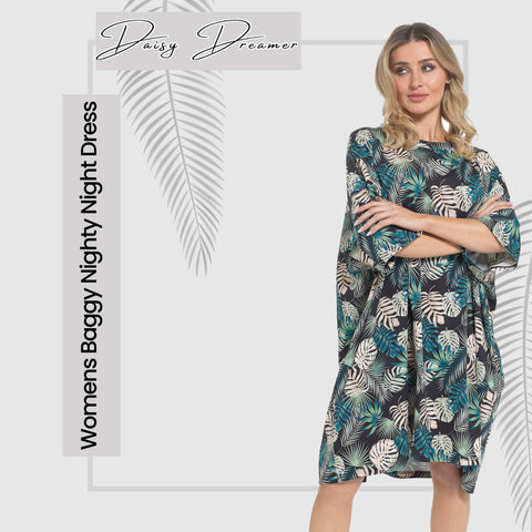 OLIVIA ROCCO Women's Tropical Baggy Nightdress 100% Cotton Oversized Short Sleeve Nightshirt Relaxed Fit Sleepwear for Ladies