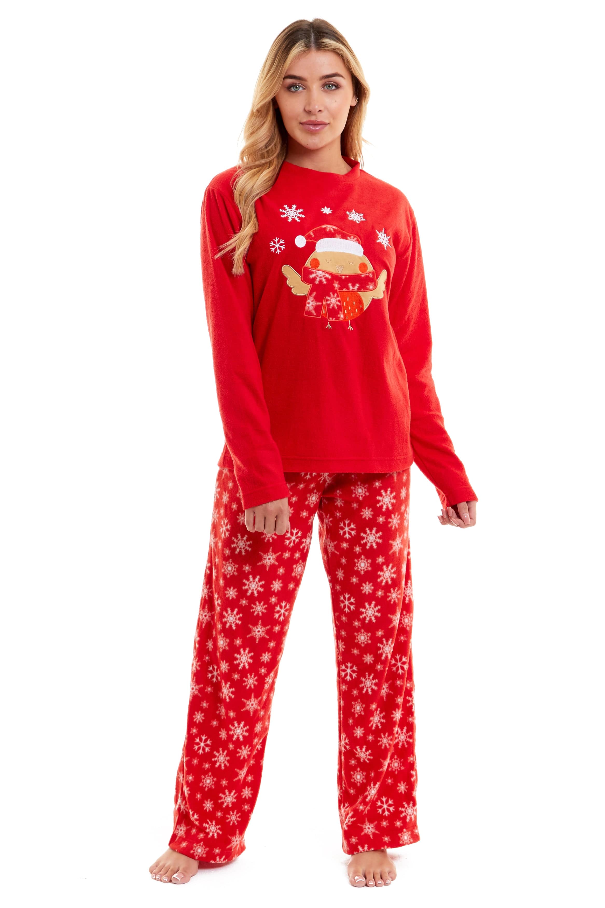 OLIVIA ROCCO Women's Polar Fleece Pyjama Set Festive Robin Design Warm Winter Nightwear Loungewear Christmas Gift For Women