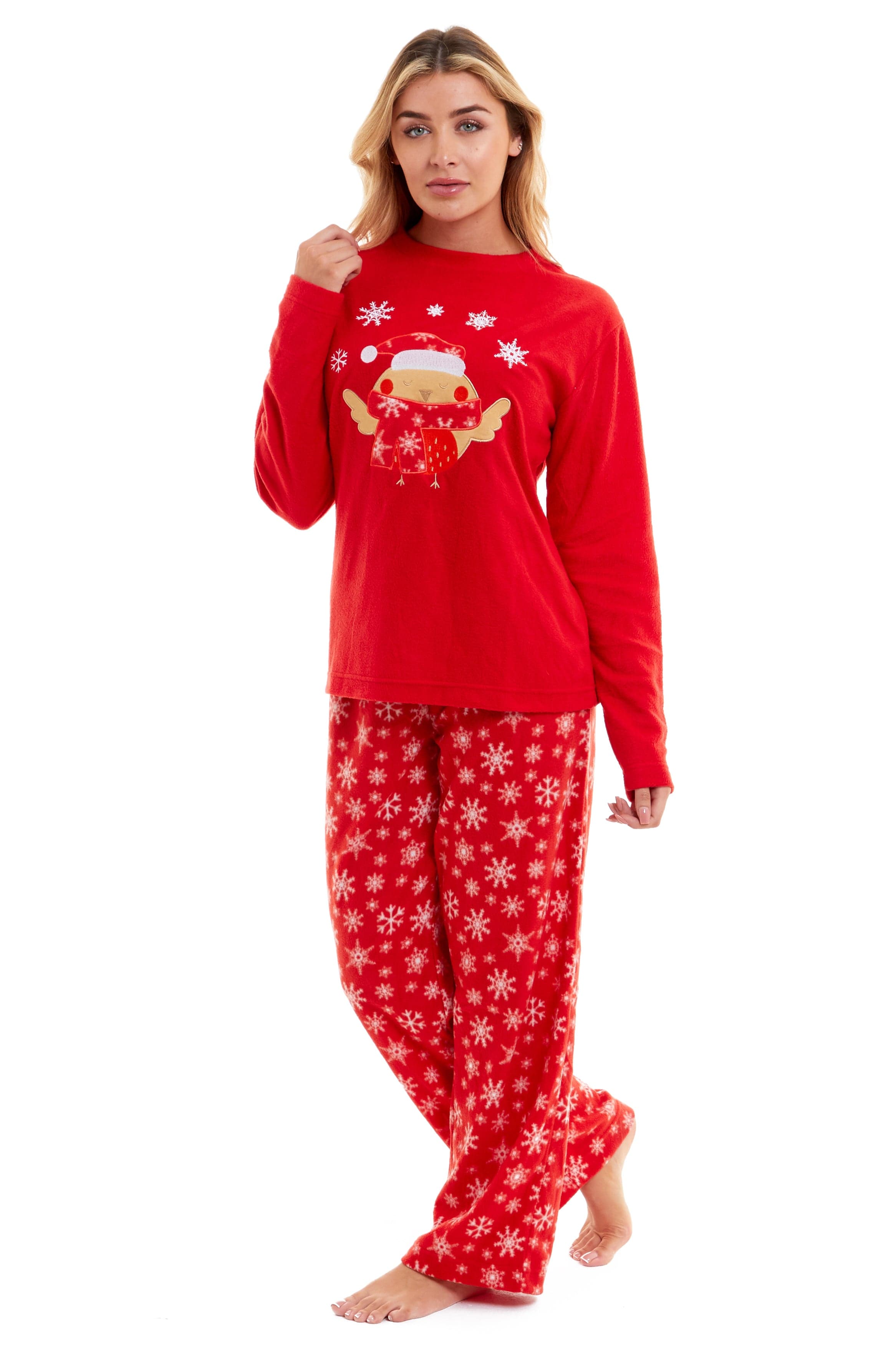 OLIVIA ROCCO Women's Polar Fleece Pyjama Set Festive Robin Design Warm Winter Nightwear Loungewear Christmas Gift For Women