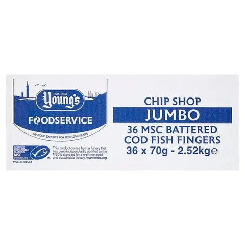 Youngs Chip Shop Jumbo MSC Battered Cod Fish Fingers 36 x 70g (2.52kg)