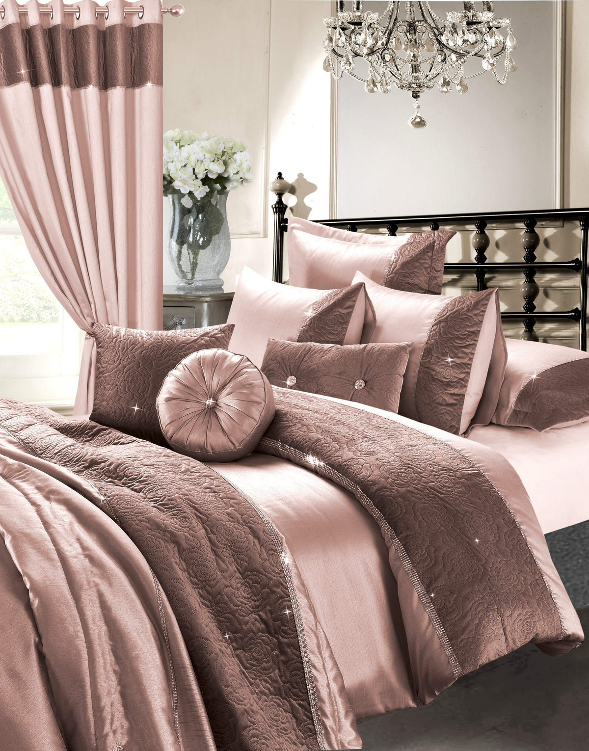 OLIVIA ROCCO Zina 7 Piece Rose Gold Duvet Set With Quilted Trim And Diamante Detailing Includes Cover Fitted Sheet Pillowcases Cushions