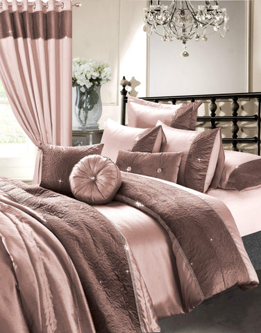 OLIVIA ROCCO Zina 7 Piece Rose Gold Duvet Set With Quilted Trim And Diamante Detailing Includes Cover Fitted Sheet Pillowcases Cushions